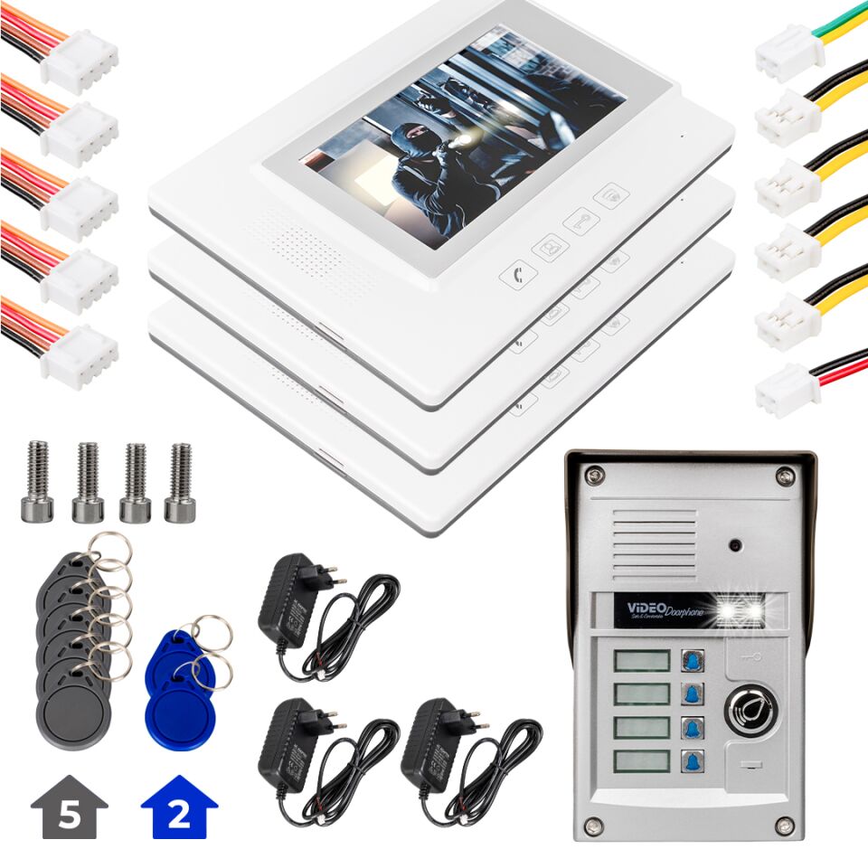 Powermaster Görüntülü Kapı Zili Intercom 4 Dairelik Diafon Kablosuz Gece Görüşlü Şifreli Çipli Kapı Zili Dört Daire