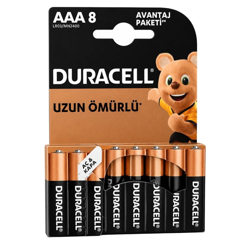 Duracell LR03 MN2400 AAA 1.5V İnce Kalem Alkalin Pil 8'Li Avantaj Paketi