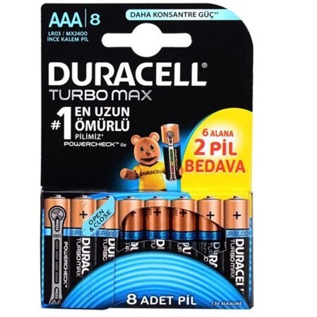 Duracell Turbo Max Alkalin LR03 1.5V AAA İnce 8'Li Pil