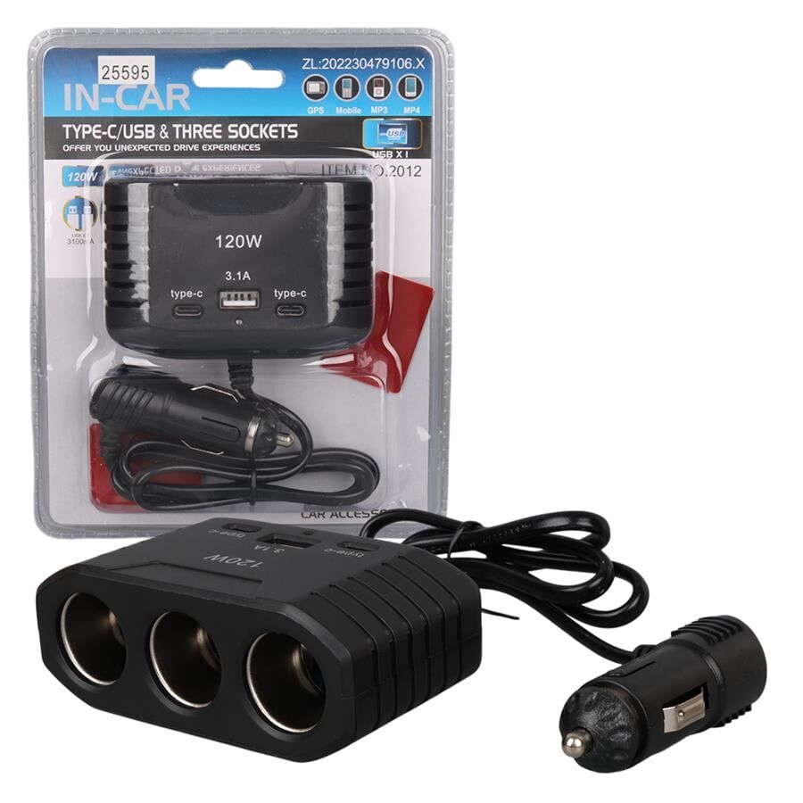Ayt Olesson 2012 12-24V 3Lü 2 Type-C + Usbli 120W 80 Cm Kablolu Araç Oto Tır Çakmak Çoklayıcı Çakmaklık Çoğaltıcı