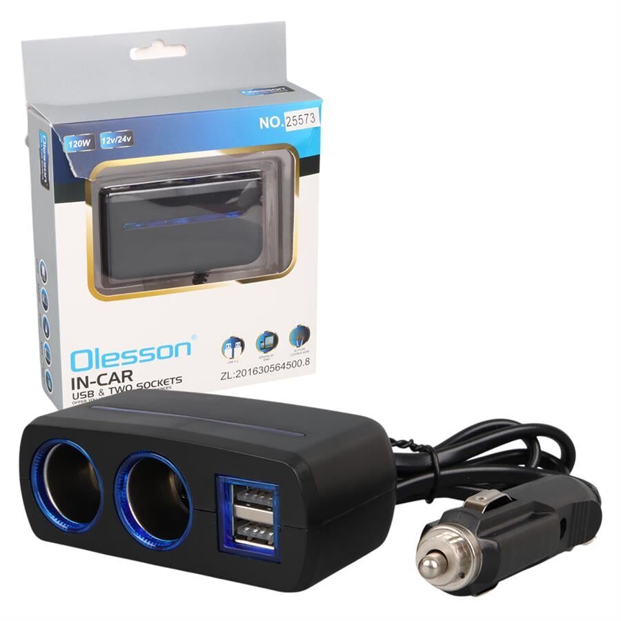 Ayt Olesson 1638 12-24V Çiftli Çift Usbli 120W 80 Cm Kablolu Araç Oto Tır Çakmak Çoklayıcı Çakmaklık Çoğaltıcı