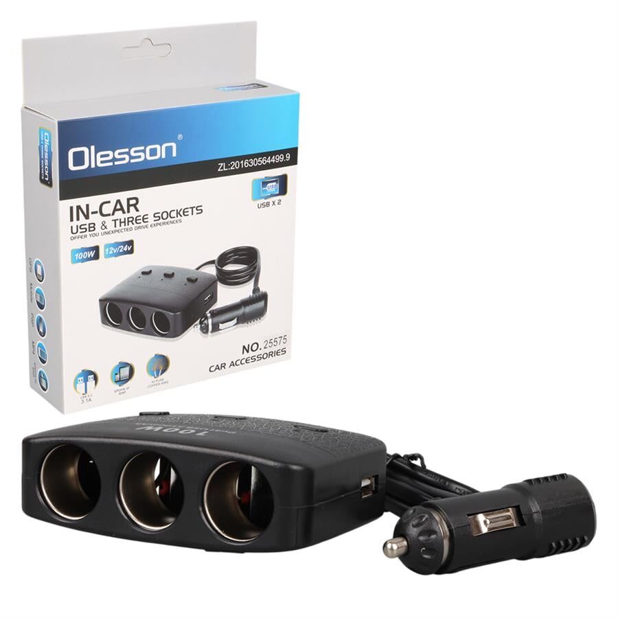 Ayt Olesson 1636 12-24V 3Lü Çift Usbli 100W 70 Cm Kablolu Araç Oto Tır Çakmak Çoklayıcı Çakmaklık Çoğaltıcı