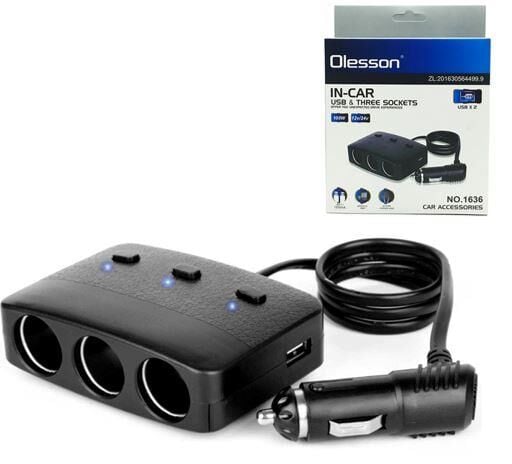 Olesson 1636 12-24V Çift USB Girişli 100W 70 CM Kablolu 3'LÜ Araç Çakmak Çoklayıcı