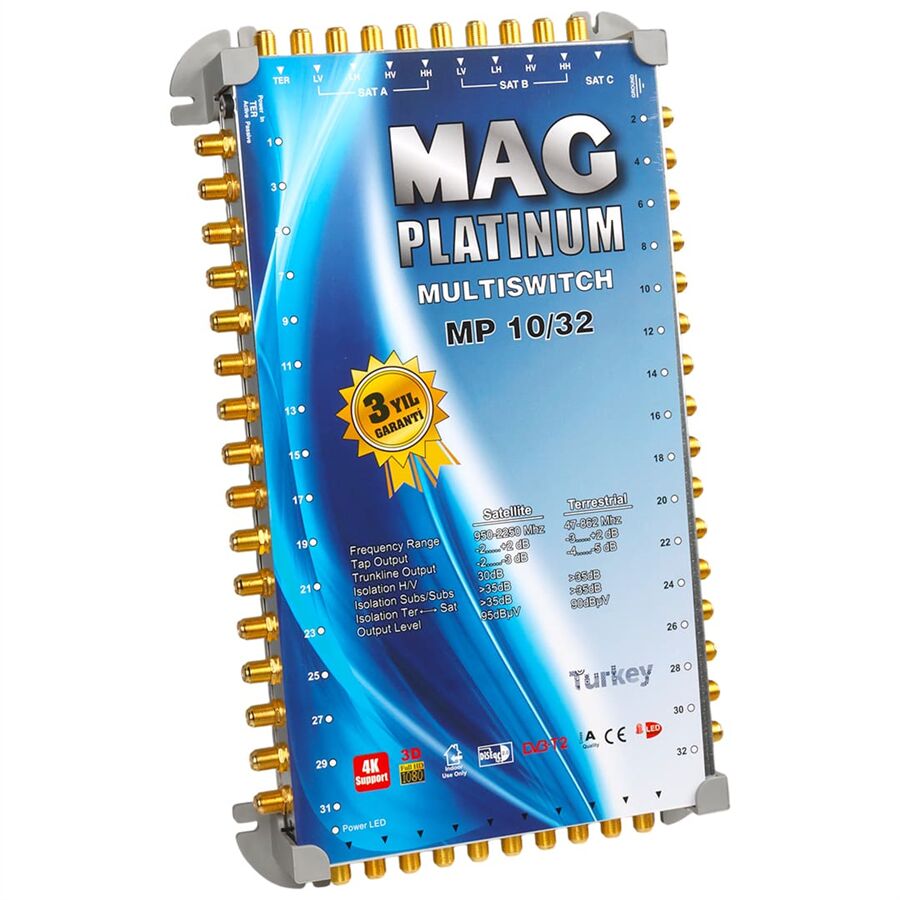 MAG Platinum MP 10/32 Multiswitch - 10 Giriş 32 Çıkışlı Merkezi Uydu Santrali Hybrid 4K Ve 3D Destekli