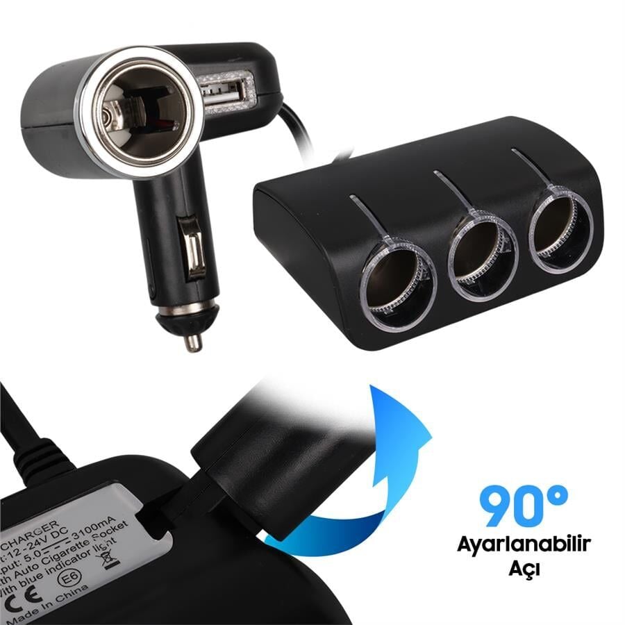 Olesson 1528 12-24V Tek USB Girişli 120W 80Cm Kablolu 3'LÜ Araç Çakmak Çoklayıcı