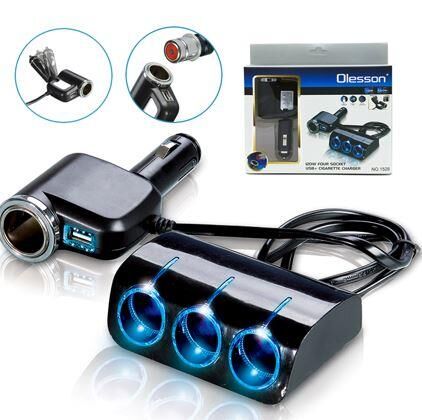 Olesson 1528 12-24V Tek USB Girişli 120W 80Cm Kablolu 3'LÜ Araç Çakmak Çoklayıcı