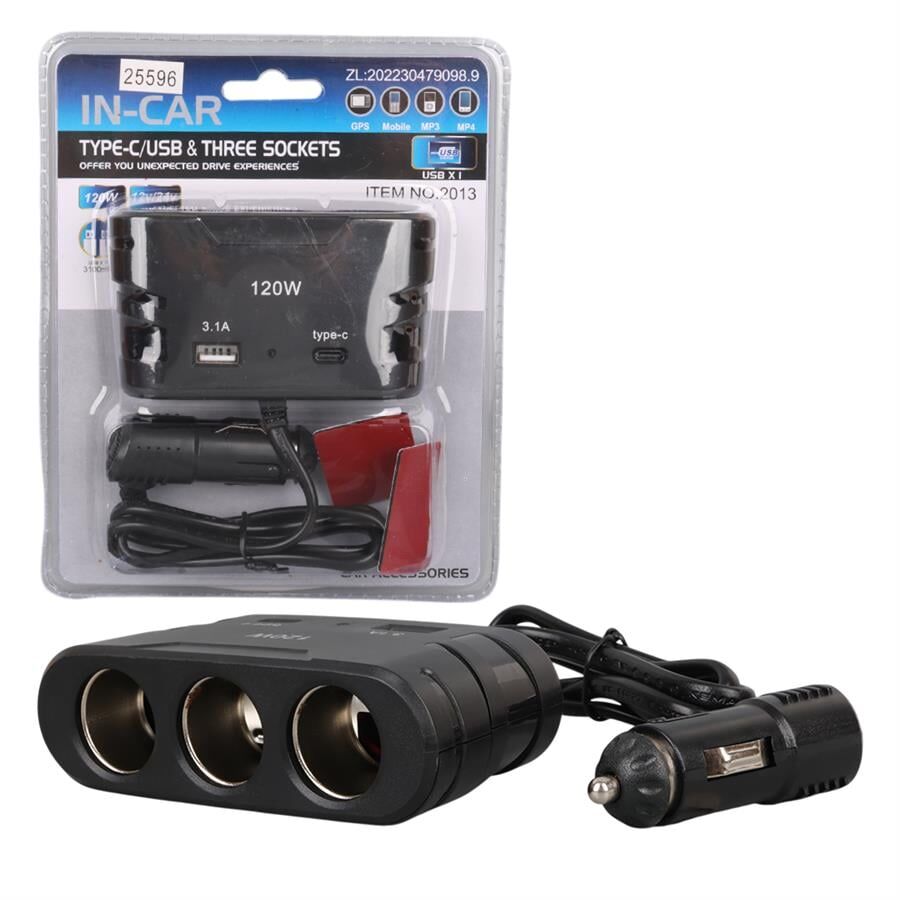 Ayt Olesson 2013 12-24V 3Lü Type-C Usbli 120W 80 Cm Kablolu Araç Oto Tır Çakmak Çoklayıcı Çakmaklık Çoğaltıcı