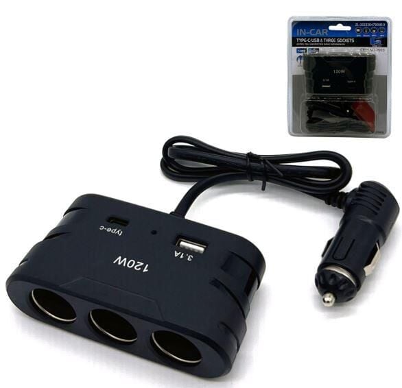 Olesson 2013 12-24V TYPE-C + USB Girişli 120W 80 CM Kablolu 3'Lü Araç Çakmak Çoklayıcı