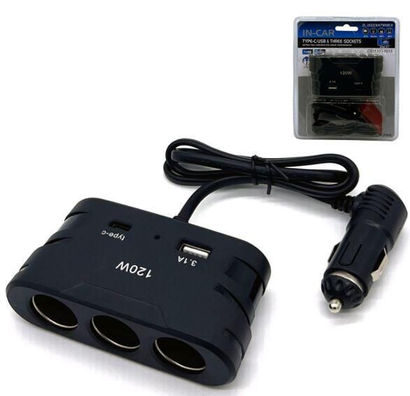 Olesson 2013 12-24V TYPE-C + USB Girişli 120W 80 CM Kablolu 3'Lü Araç Çakmak Çoklayıcı