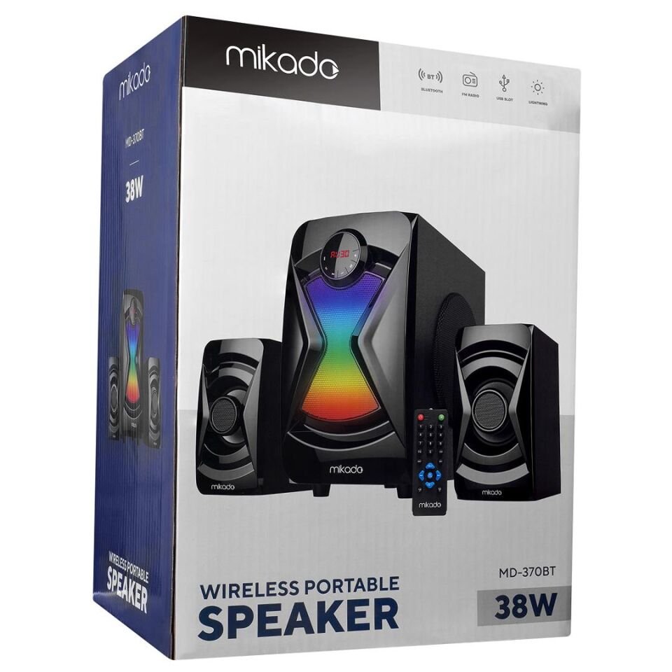 Mikado MD-370BT 38W Siyah Bt Aux Usb Fm Led Işıklı Multimedia Speaker 2+1 Ses Sistemi