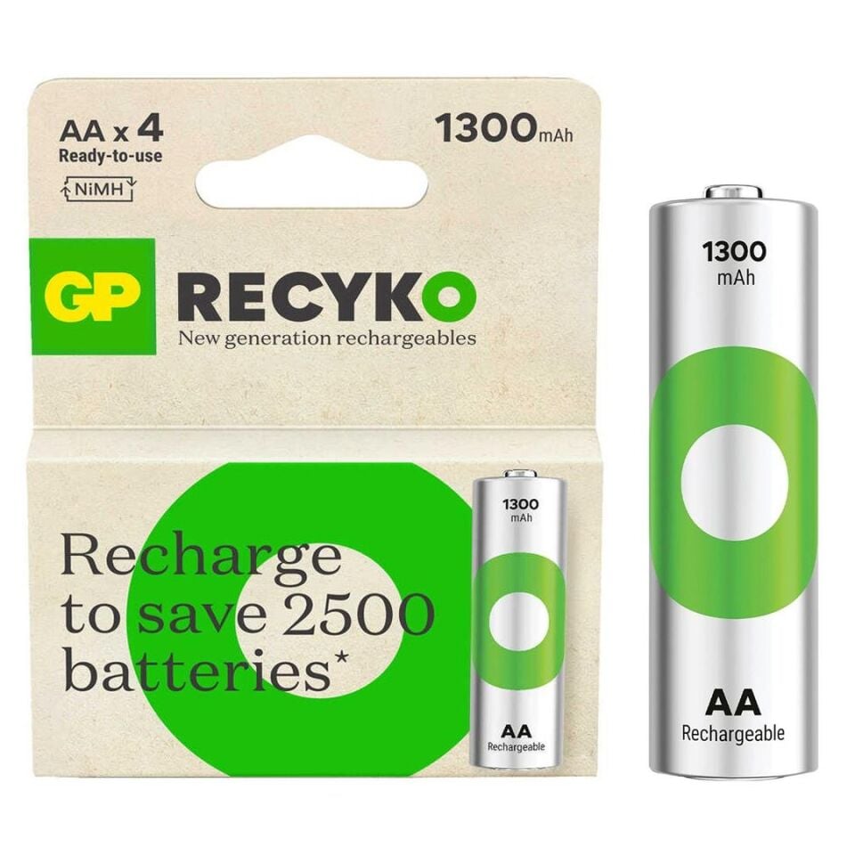 Gp Recyko 1300 NI-Mh R6 Şarjlı AA 4 lü Kalem Pil 6000 Tek Kullanımlık Pile Eşittir Şarjlı Pil