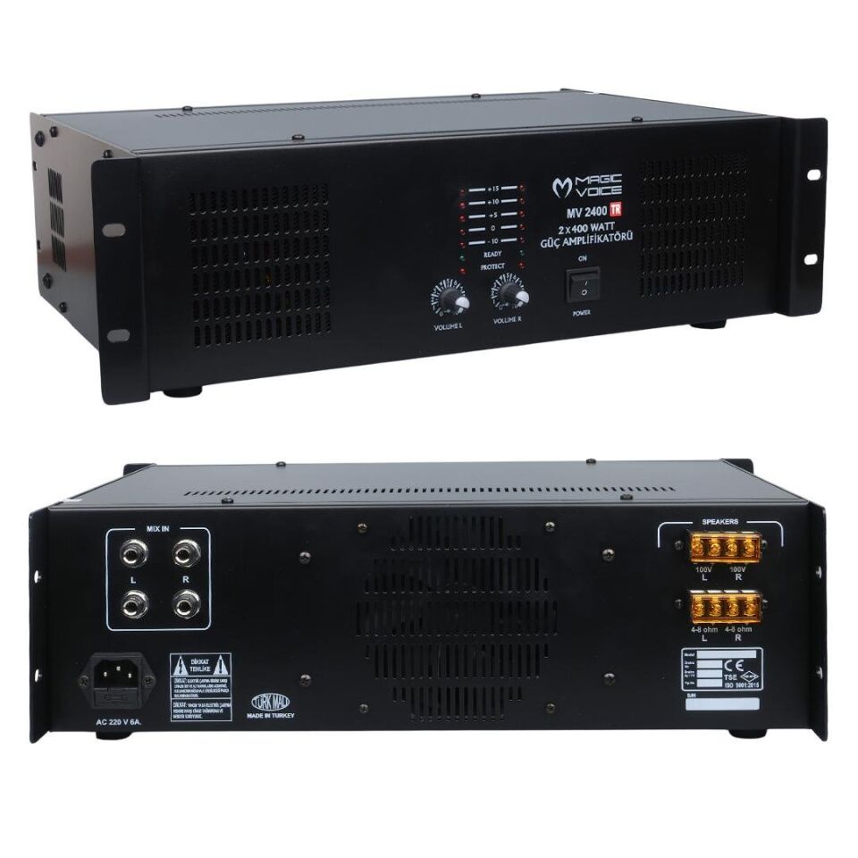 Ayt Magicvoice MV-2400 2x400 Watt 4-8 Ohm 100 V 19 Rack Hat Trafolu Amfi Power Anfi