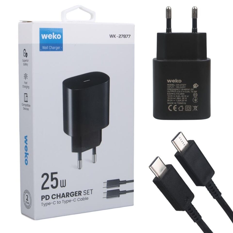 Weko WK-27877 Note10 Siyah 25 Watt Şarj Başlık Adaptörü + Type-C To Type-C Kablo