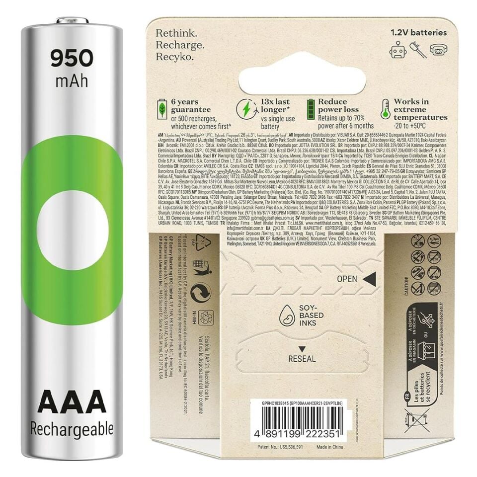 GP Batteries Recyko 950Mah AAA İnce Kalem 6 Adet Ni-Mh Şarjlı Pil 1.2 Volt