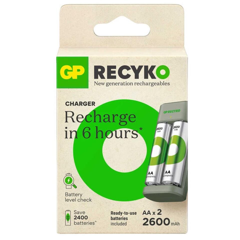 Gp Recyko 2600 mAh R6 AA Pilli Şarj Cihazı GP-E221 270AHCER21 2GTLB2 Pil Şarj Aleti + 2 Adet AA Kalem Pil