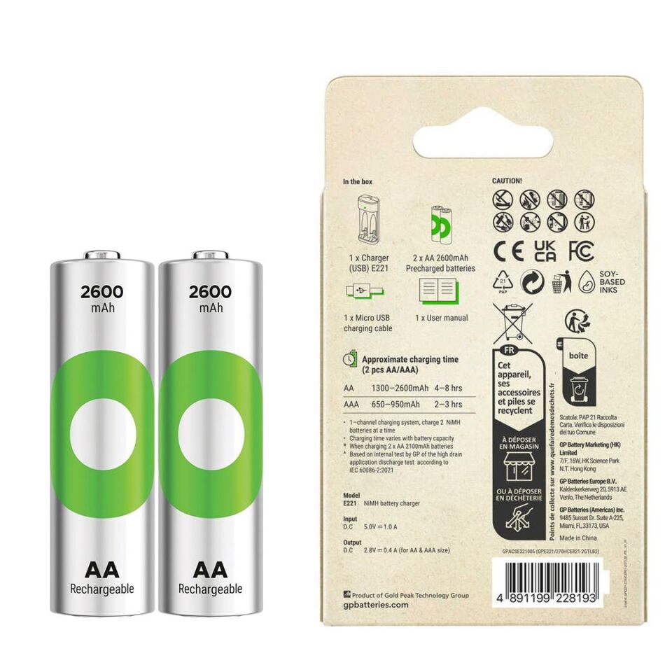 Gp Recyko 2600 mAh R6 AA Pilli Şarj Cihazı GP-E221 270AHCER21 2GTLB2 Pil Şarj Aleti + 2 Adet AA Kalem Pil
