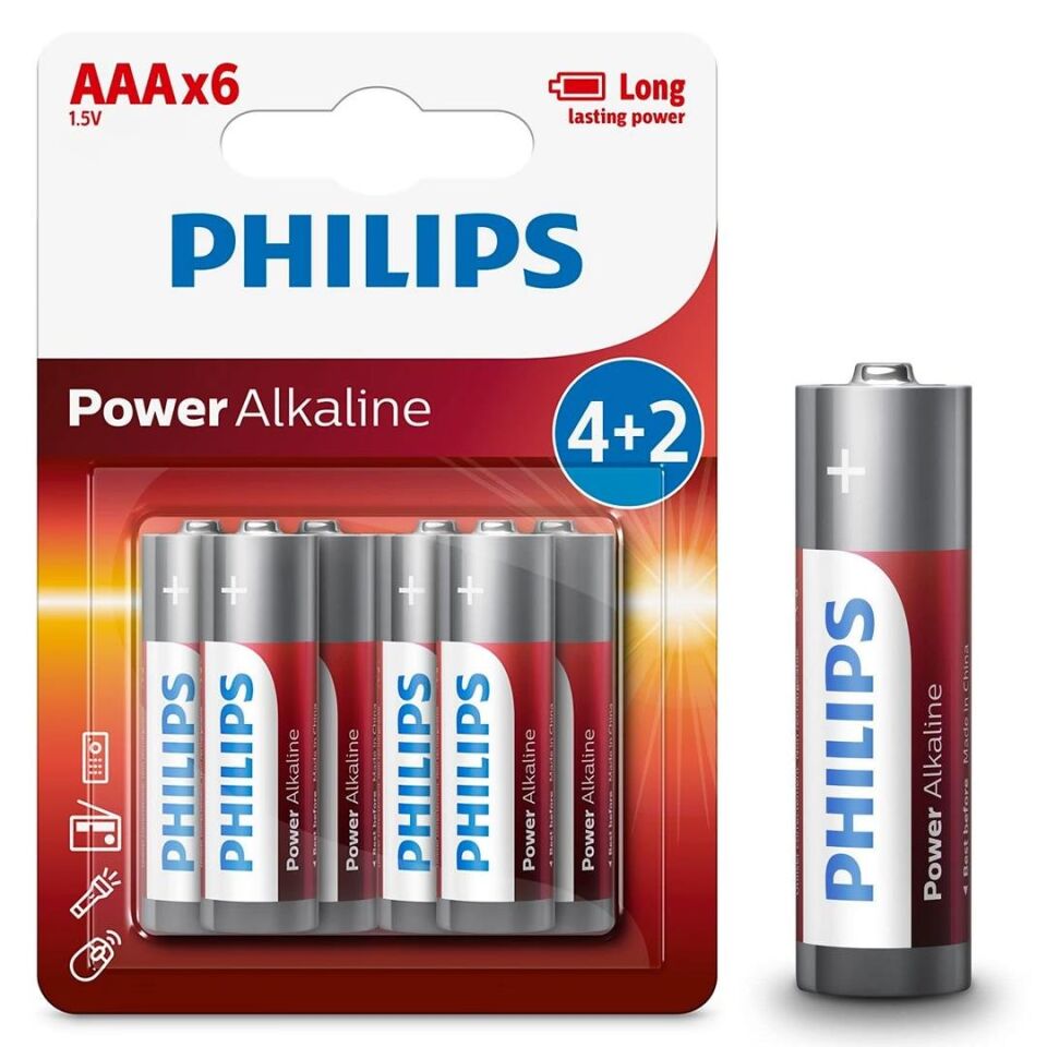 Philips LR03P6BP/10 LR03 Micro 1.5 Volt 4+2 Power Alkaline AAA İnce Kalem Pil (6'Lı Paket)