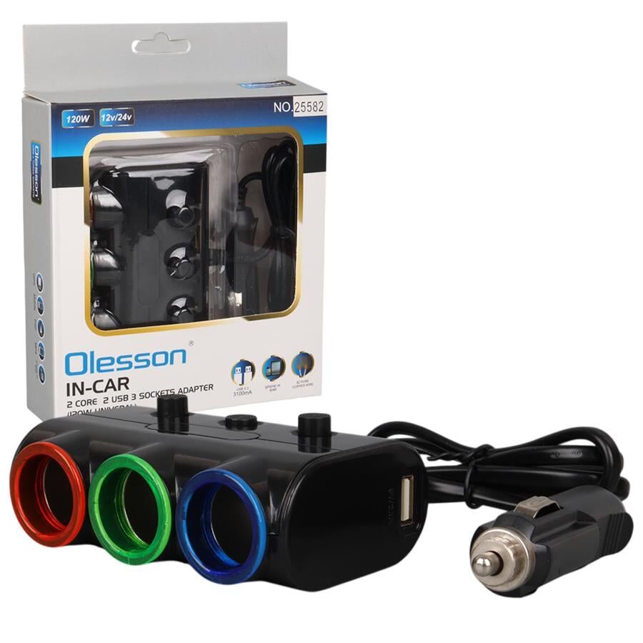 Olesson 1523 12-24V Çift Usb Girişli 120W 80cm Kablolu 3 Lü Araç Çakmak Çoklayıcı Çakmaklık Çoğaltıcı