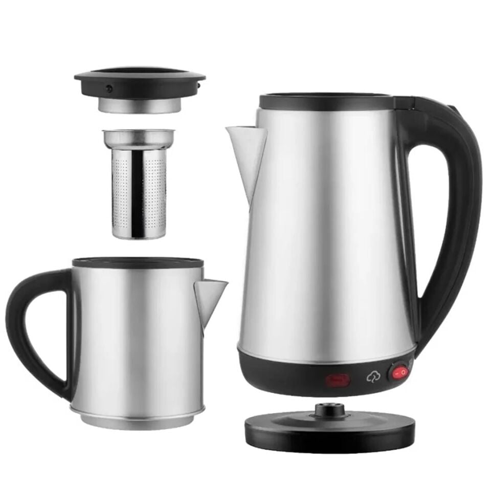 Crown CRW-2201 1800W 1.8 - 0.8 Litre Çelik Hazneli Çaycı Mutfak Kettle Demlikli Ve Süzgeçli Inox