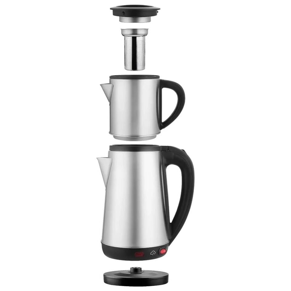 Crown CRW-2201 1800W 1.8 - 0.8 Litre Çelik Hazneli Çaycı Mutfak Kettle Demlikli Ve Süzgeçli Inox