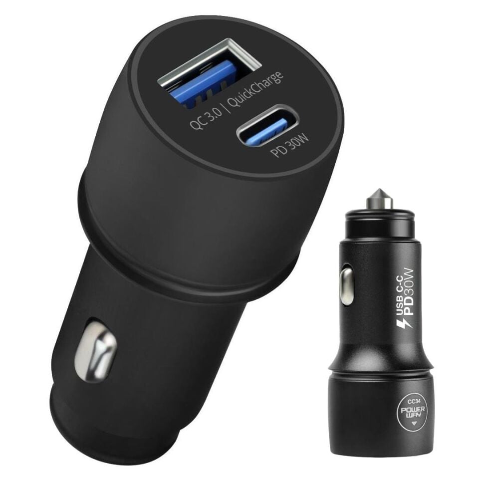 Powerway CC34 30W PD + QC 3.0 Çift Çıkışlı Metal Araç Çakmaklık Hızlı Şarj Aleti Cihazı