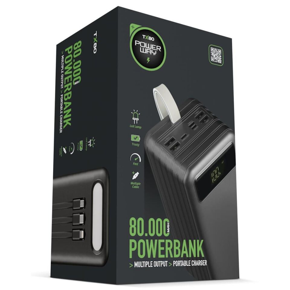 Powerway TX80 80.000Mah Kablolu Dijital Göstergeli Gerçek Fener Işıklı Kamp Siyah Powerbank