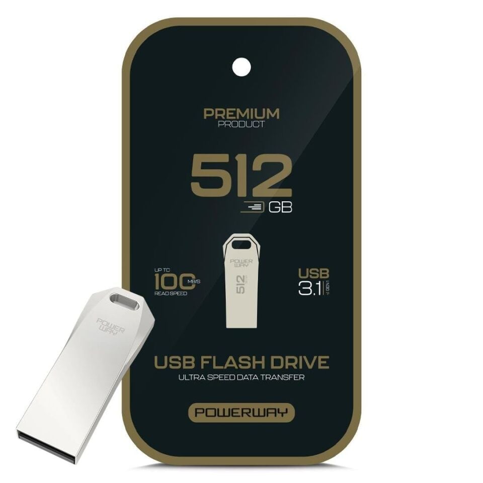 Powerway Premium 512 GB 100MB/S Ultra Hızlı USB 3.1 Metal Silver Flash Bellek