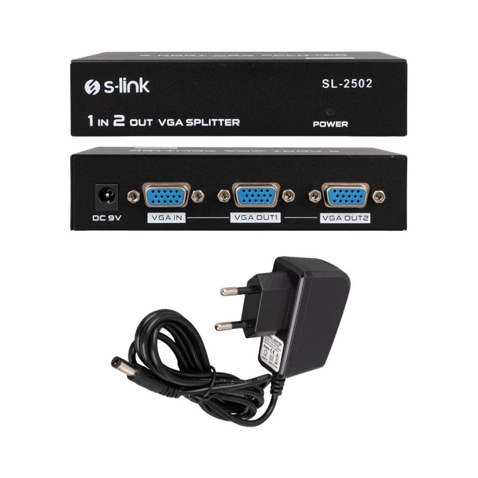 S-Link SL-2502 2 Port Vga Splitter Dağıtıcı 250mhz - 1920x1080 Vga Çoklayıcı Çoğaltıcı