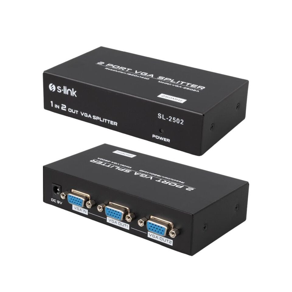 S-Link SL-2502 2 Port Vga Splitter Dağıtıcı 250mhz - 1920x1080 Vga Çoklayıcı Çoğaltıcı