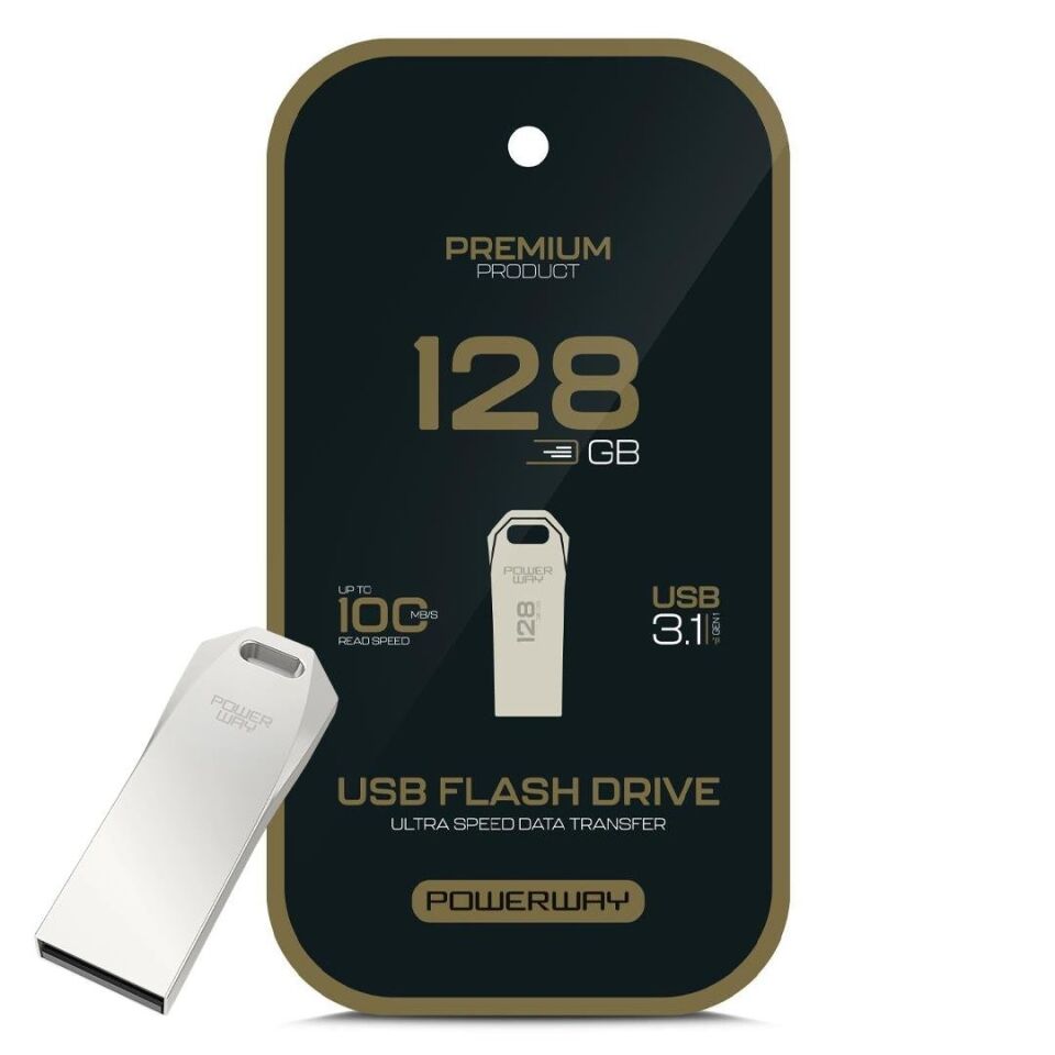 Powerway Premium 128 GB 100MB/S Ultra Hızlı USB 3.1 Metal Silver Flash Bellek