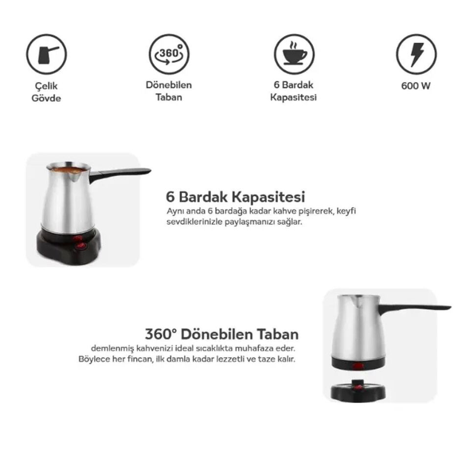 Crown CRW-7104 600W 6 Fincan Elektrikli Türk Kahve Makinesi Paslanmaz Çelik Inox Cezve AC220V