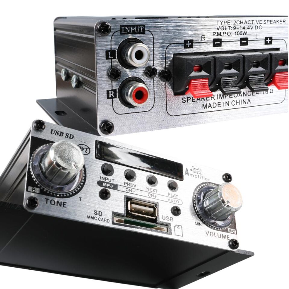 MagicVoice YW-191L 12 Volt 100 Watt Motosiklet Bluetooth Amfi Usb Sd Kart 2 Kanal Pazarcı Anfi 125X95X40mm Mini Anfi