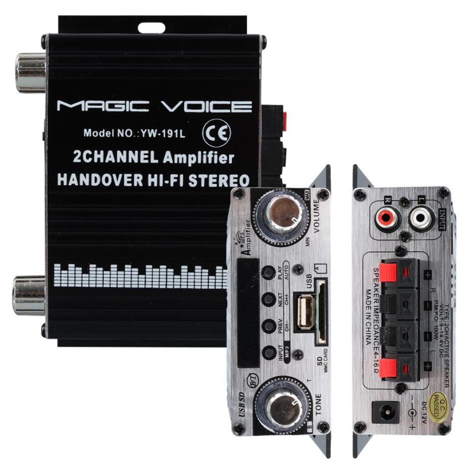 MagicVoice YW-191L 12 Volt 100 Watt Motosiklet Bluetooth Amfi Usb Sd Kart 2 Kanal Pazarcı Anfi 125X95X40mm Mini Anfi