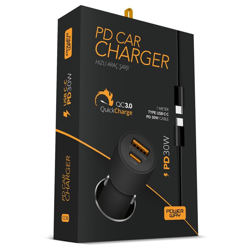 Powerway CC36 30W PD + QC 3.0 Çift Çıkışlı Metal Araç Çakmaklık Hızlı Şarj Kablolu Set