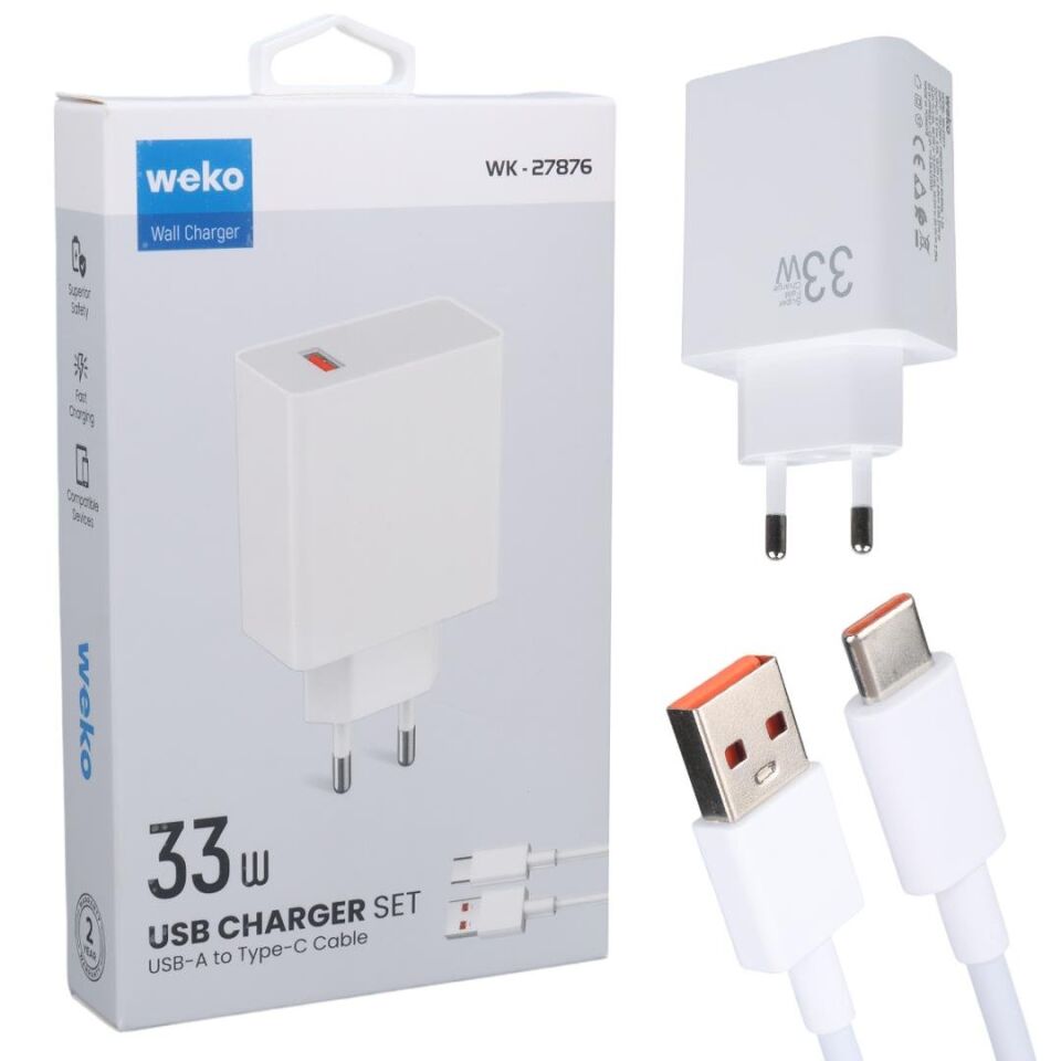 Weko WK-27876 M11 Beyaz 33 Watt Turbo Usb Şarj Başlık Adaptörü + Type-C Kablo