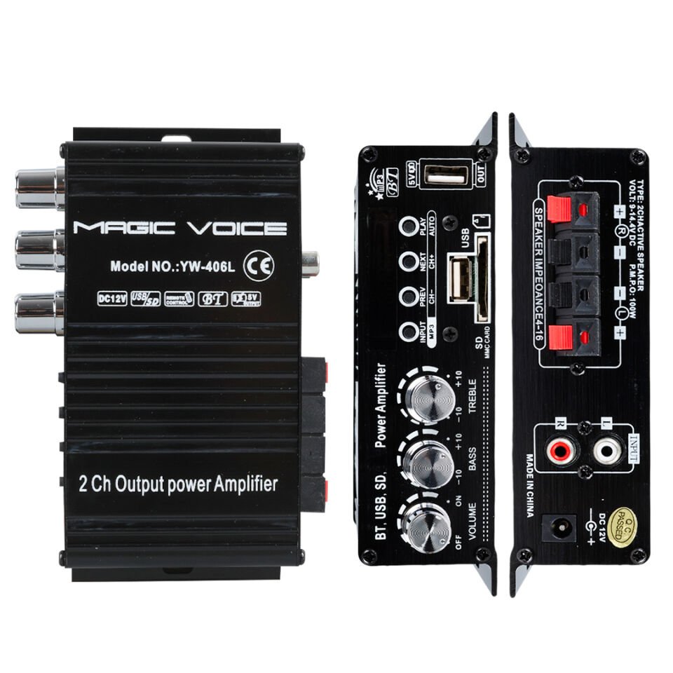 Magicvoice YW-406L 12 Volt 100 Watt Motosiklet Bluetooth Amfi Usb Sd Kart 2 Kanal Pazarcı Anfi 154X80X42Mm