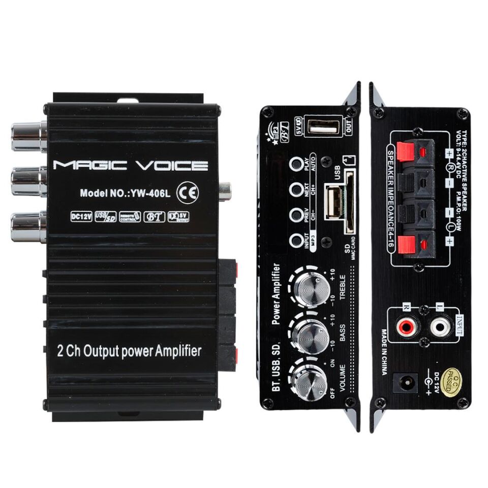 Magicvoice YW-406L 12 Volt 100 Watt Motosiklet Bluetooth Amfi Usb Sd Kart 2 Kanal Pazarcı Anfi 154X80X42Mm