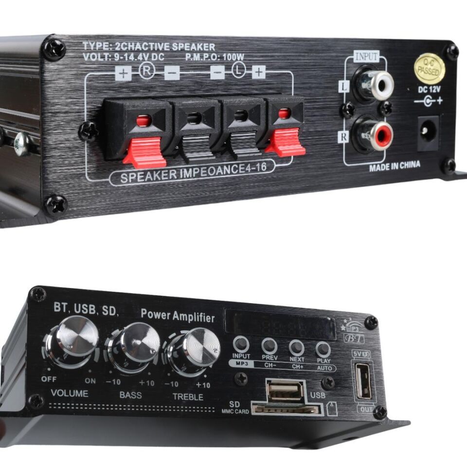 Magicvoice YW-406L 12 Volt 100 Watt Motosiklet Bluetooth Amfi Usb Sd Kart 2 Kanal Pazarcı Anfi 154X80X42Mm