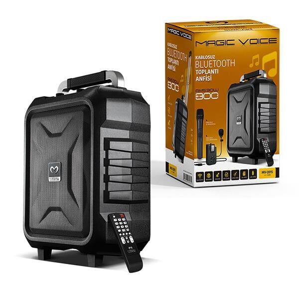 Magicvoice MV-2015 Vhf El+Yaka Mikrofonlu Usb Sd Bt 300W Siyah Taşınabilir Seyyar Anfi Mikrofonlu Amfi Hoparlör