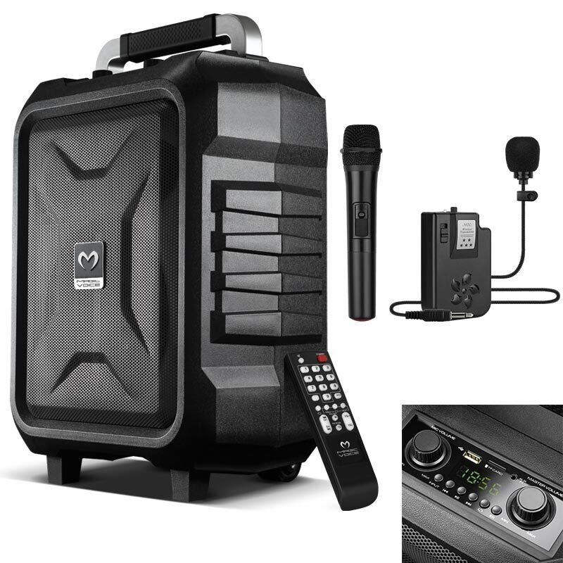 Magicvoice MV-2015 Vhf El+Yaka Mikrofonlu Usb Sd Bt 300W Siyah Taşınabilir Seyyar Anfi Mikrofonlu Amfi Hoparlör