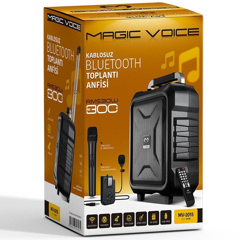 Magicvoice MV-2015 Vhf El+Yaka Mikrofonlu Usb Sd Bt 300W Siyah Taşınabilir Seyyar Anfi Mikrofonlu Amfi Hoparlör