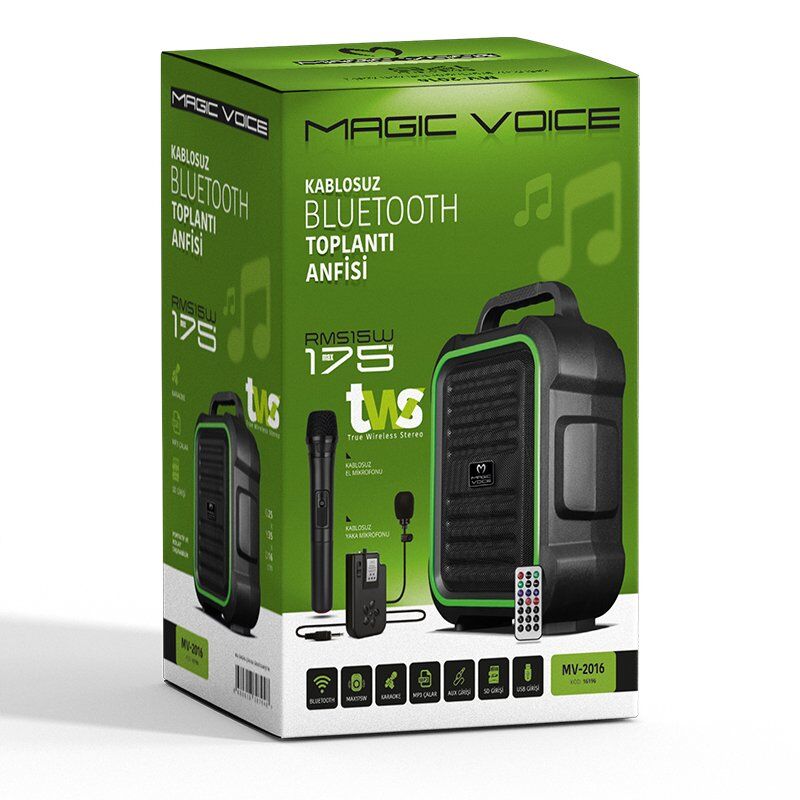 Magicvoice MV-2016 Max 175 W USB-SD-BT Siyah 1E-1Y Mikrofonlu Aktif Hoparlör taşınabilir