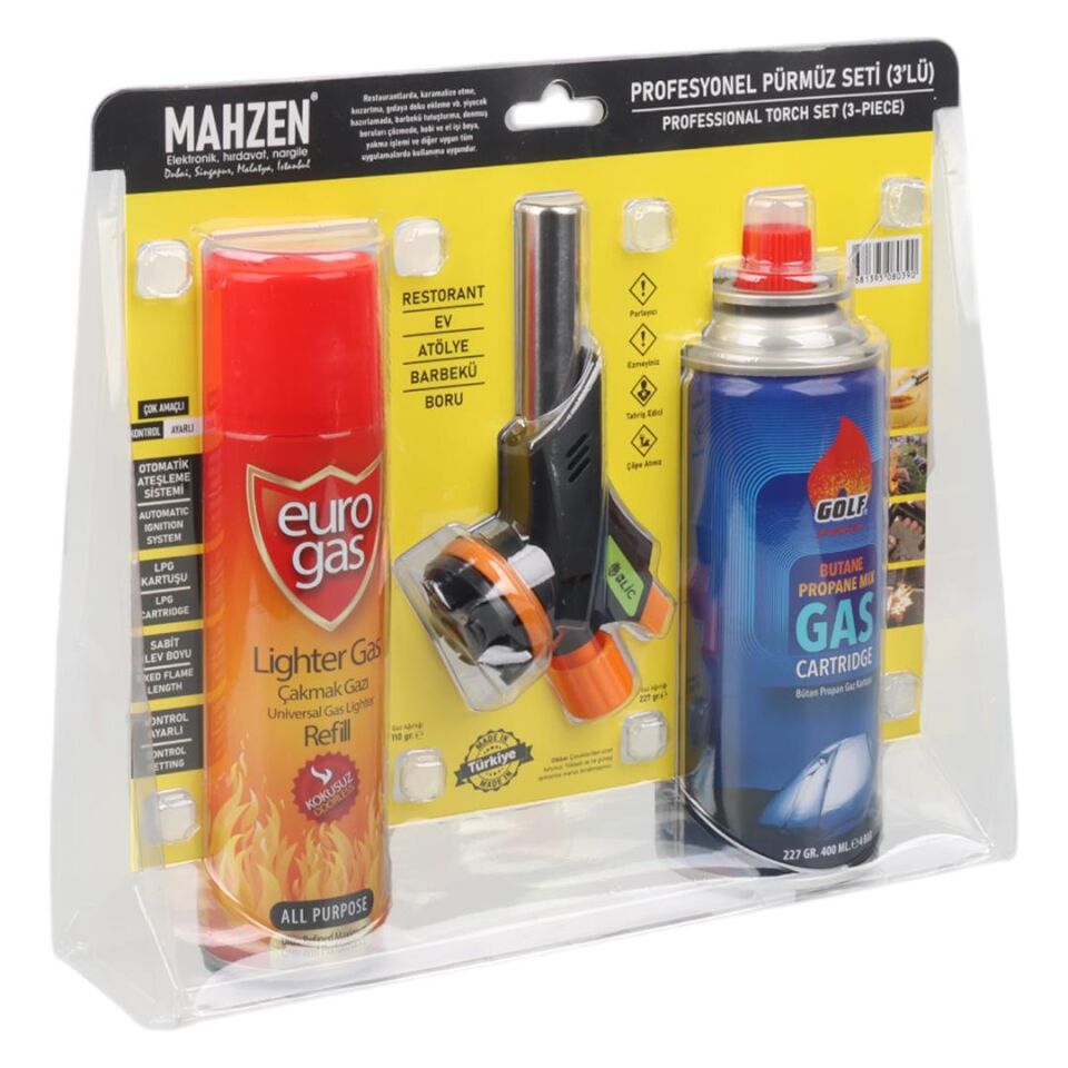 Mahzen Profesyonel 3 lü Pürmüz Başlığı Seti Butan Propan Gaz Kartuşu 400ML Çakmak + Çakmak Gazı 270ML