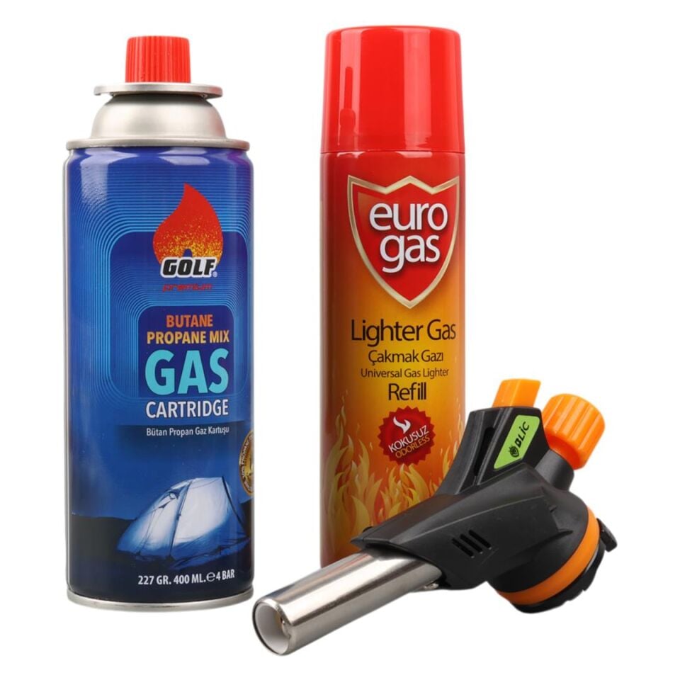 Mahzen Profesyonel 3 lü Pürmüz Başlığı Seti Butan Propan Gaz Kartuşu 400ML Çakmak + Çakmak Gazı 270ML