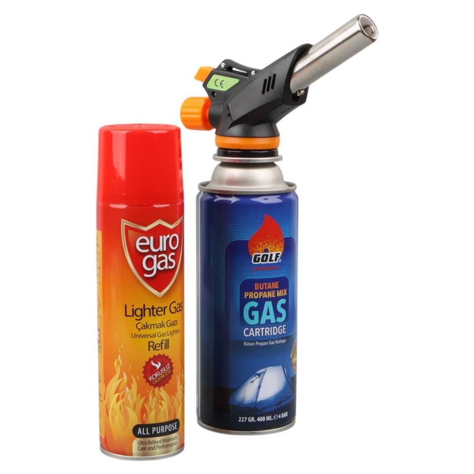Mahzen Profesyonel 3 lü Pürmüz Başlığı Seti Butan Propan Gaz Kartuşu 400ML Çakmak + Çakmak Gazı 270ML