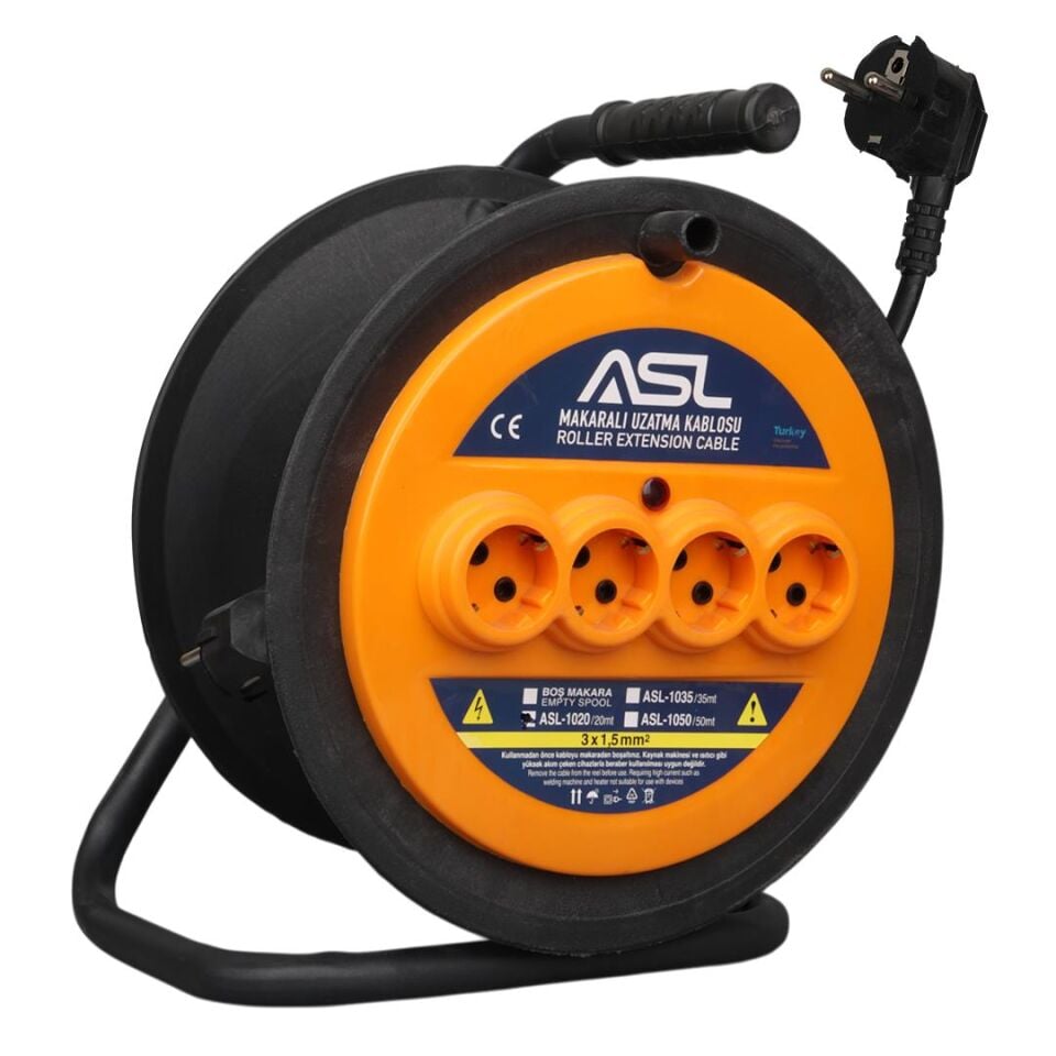 ASL ASL-1020 20 Metre 4 Priz Girişli Makaralı Uzatma Kablosu 3000W 3X1.5Mm