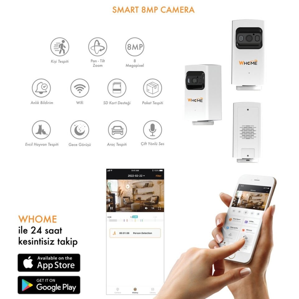 Ayt Whome Yapay Zeka Destekli 8 Mp Gece Görüşlü Wifi Kamera 32 Gb Kart Destekli İp Kamera