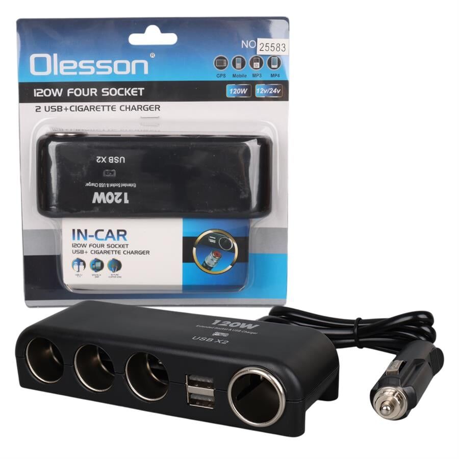 Olesson 1525 12-24V Çift USB'LI 120W 80cm Kablolu 4 LÜ Araç Oto Tır Çakmak Çoklayıcı Çakmaklık Çoğaltıcı