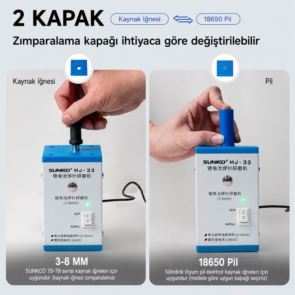 Sunkko MJ-33 Pil Ve Punta Kalemi Taşlama Makinesi Elektrot Ve 18650 Zımpara Cihazı