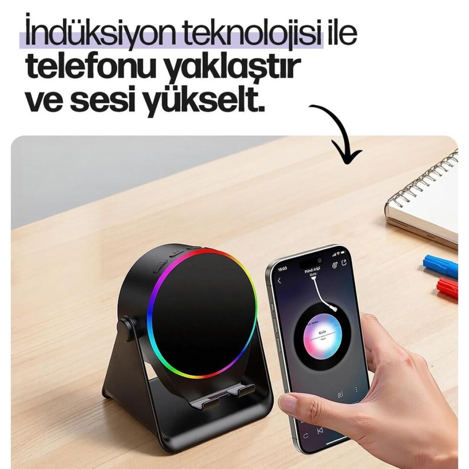 Enkado EKD-S10 5W İndüksiyonlu Bluetooth Hoparlör Ses Yükselten 2000Mah RGB Işıklı Standlı Speaker